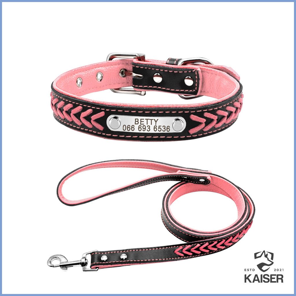 Hundehalsband mit Name und Leine pink