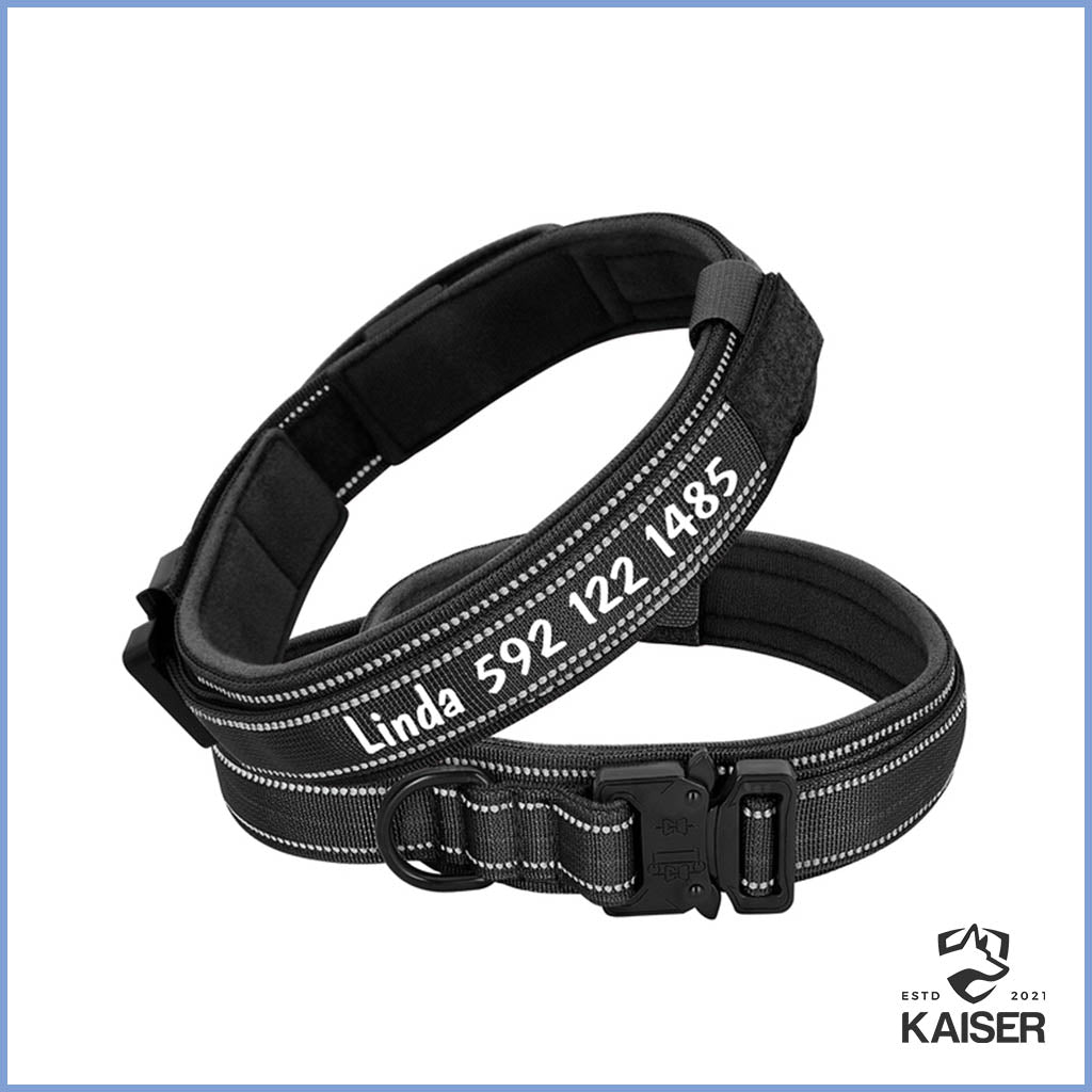 Hundehalsband mit Namen und Telefonnummer 4 cm breit mit Griff und Klickverschluss in schwarzer Farbe