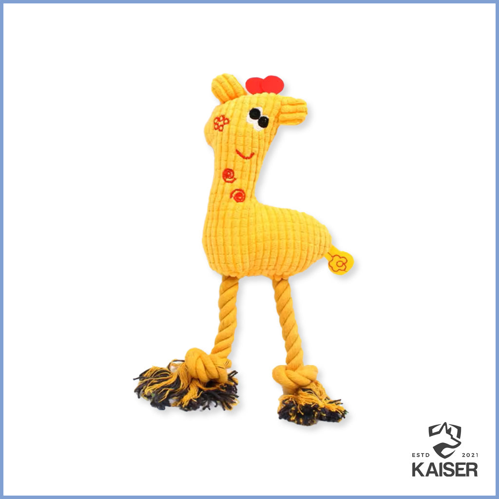 Hundespielzeug Giraffe mit Quietscher und Seil in gelber Farbe
