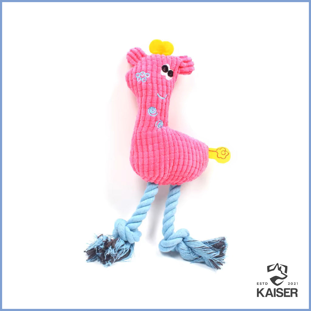Hundespielzeug Giraffe mit Quietscher und Seil in rosa Farbe