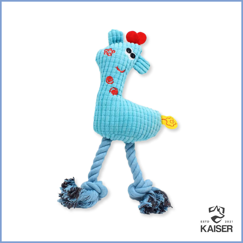 Hundespielzeug Giraffe mit Quietscher und Seil in blauer Farbe