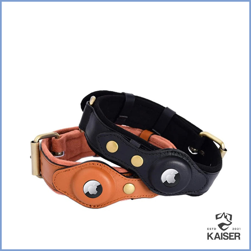 Apple Airtag Hundehalsband Leder Schwarz und Braun