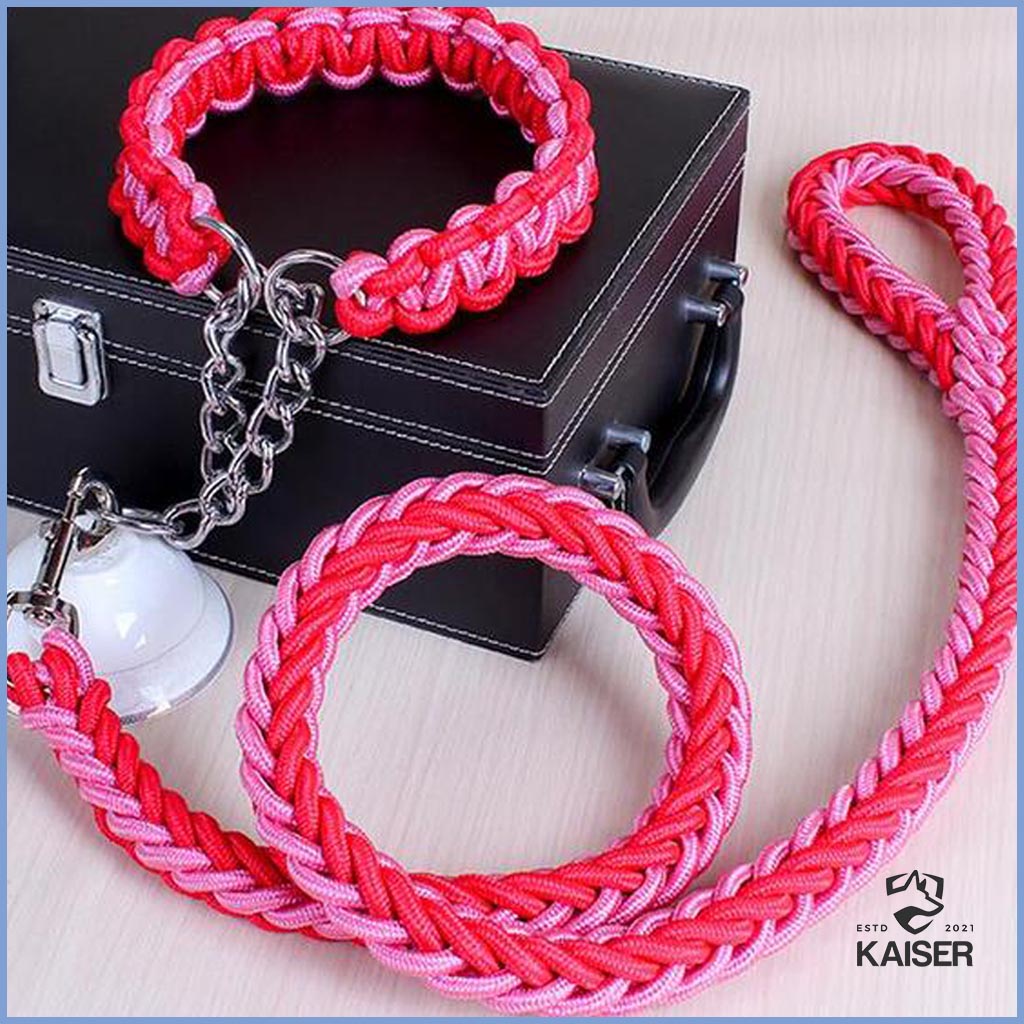 Paracord geflochtenes Hundehalsband mit Leine rot und rosa Farbe