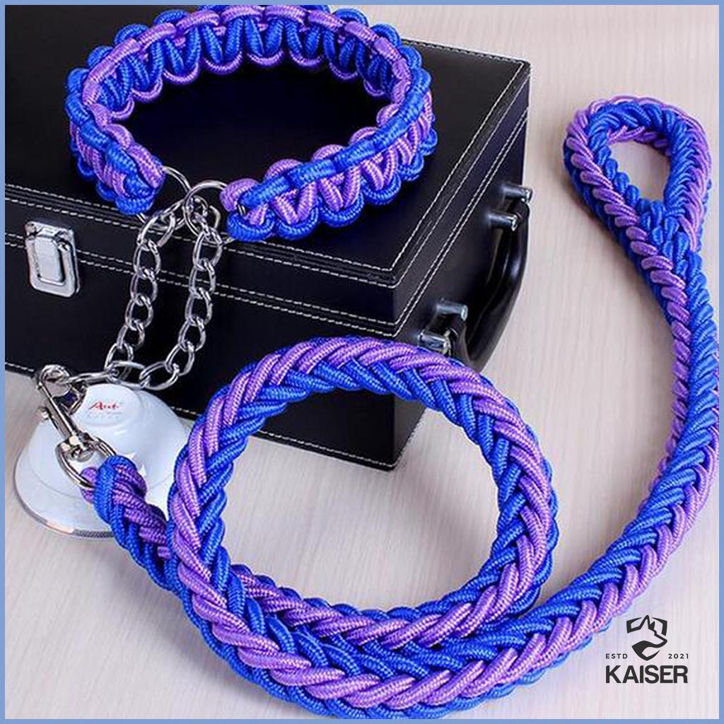 Paracord geflochtenes Hundehalsband mit Leine in blau und lila Farbe