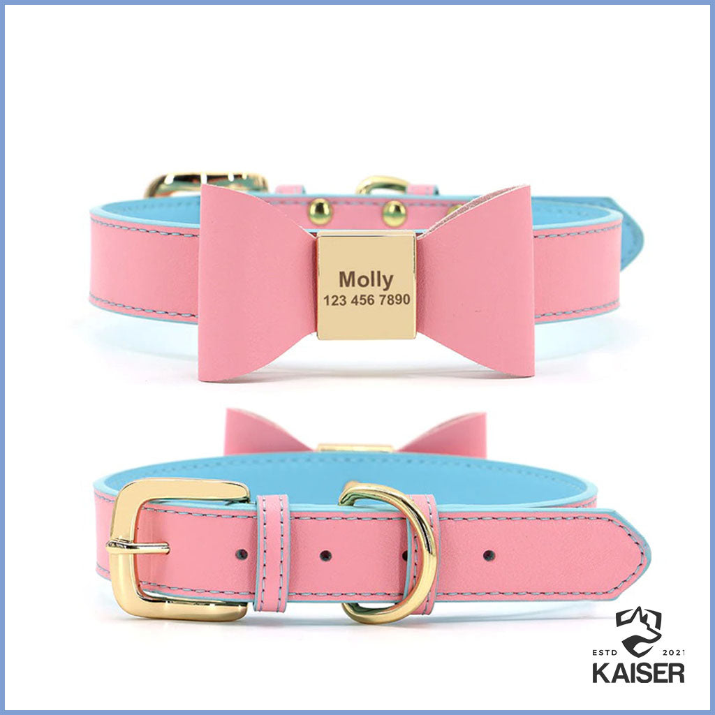 Hundehalsband mit Fliege personalisiert mit Namen des Hundes und der Telefonnummer