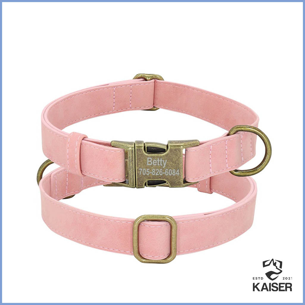 Rosa Leder Hundehalsband personalisiert mit Namen und Telefonnummer