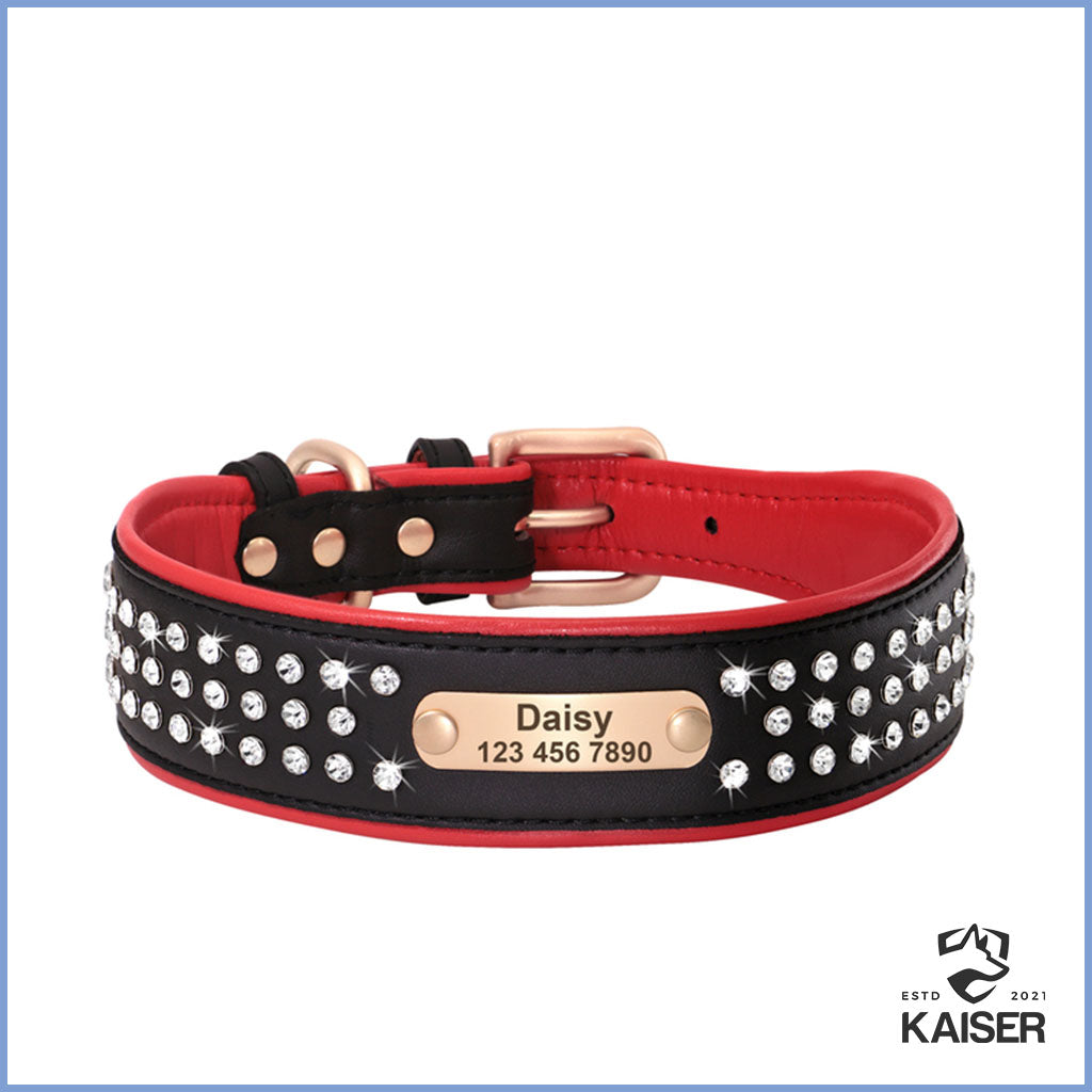 Stylish Hundehalsband mit Name Leder mit Strass schwarz und rot