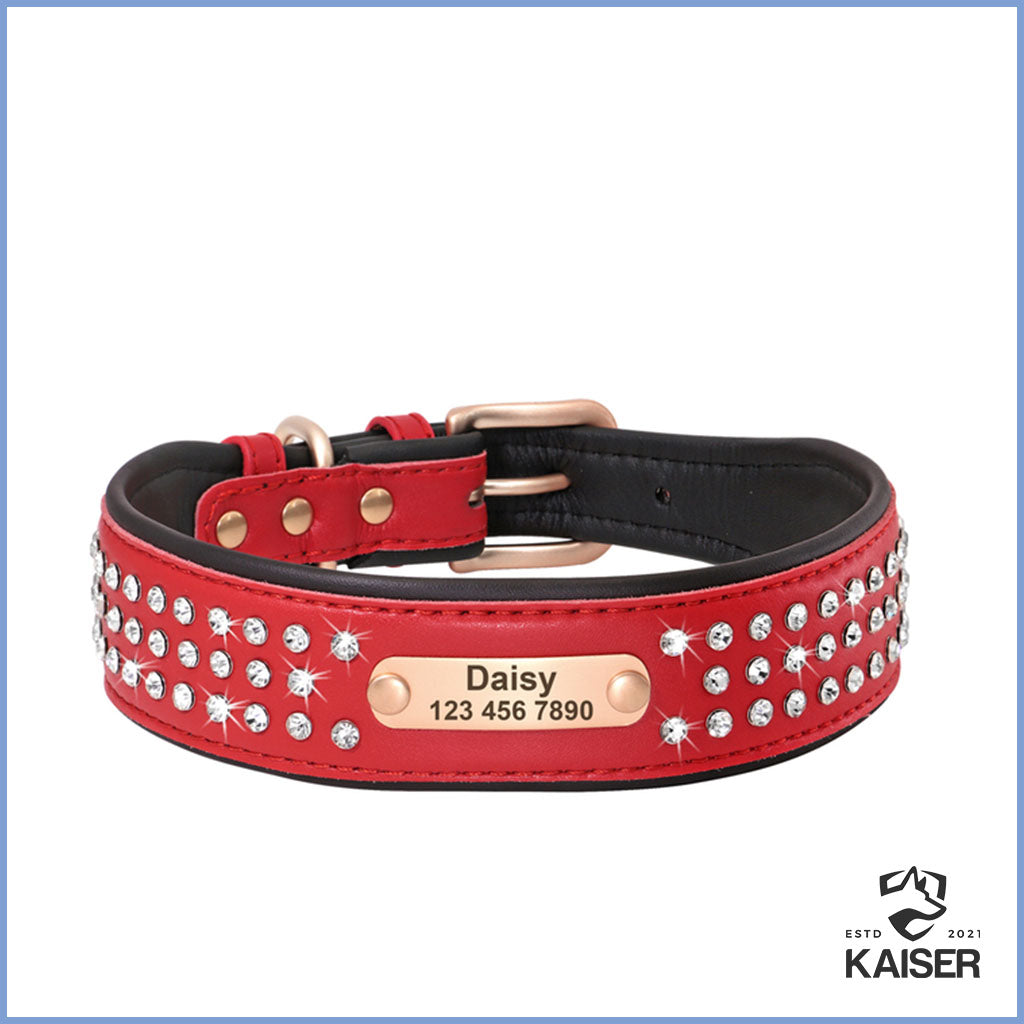 Stylish Hundehalsband mit Name Leder mit Strass rot