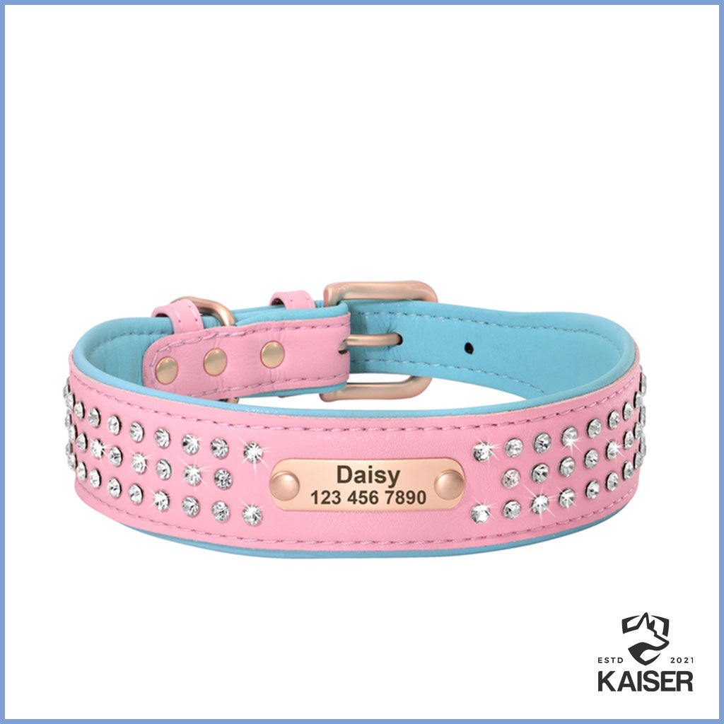 Stylish Hundehalsband mit Name Leder mit Strass blaurosa