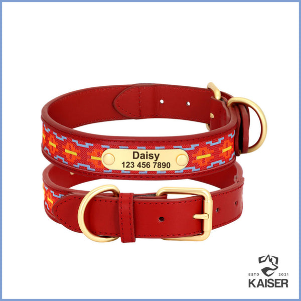 Buntes Hundehalsband aus Leder mit Namensschild – Kaiser Hund