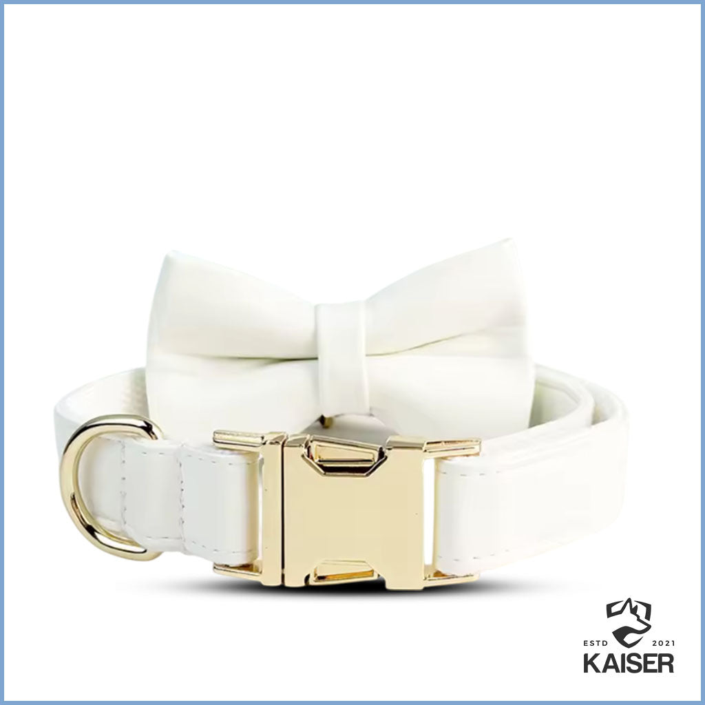 Elegantes weißes Hundehalsband mit Namen mit Fliege