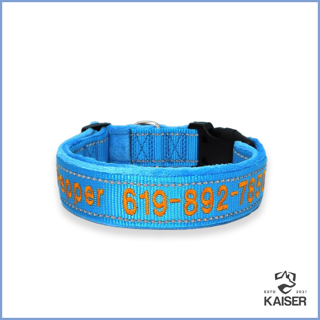 Hundehalsband blau bestickt und reflektierend