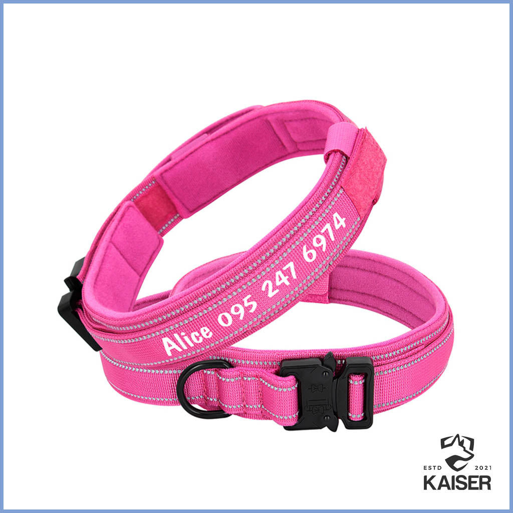 4 cm breites Hundehalsband mit Klickverschluss, D-Ring und Griff, personalisiert mit Namen und Telefonnummer in rosa Farbe