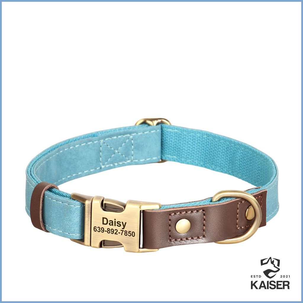 Personalisiertes Hundehalsband türkis aus PU-Leder mit Gravur