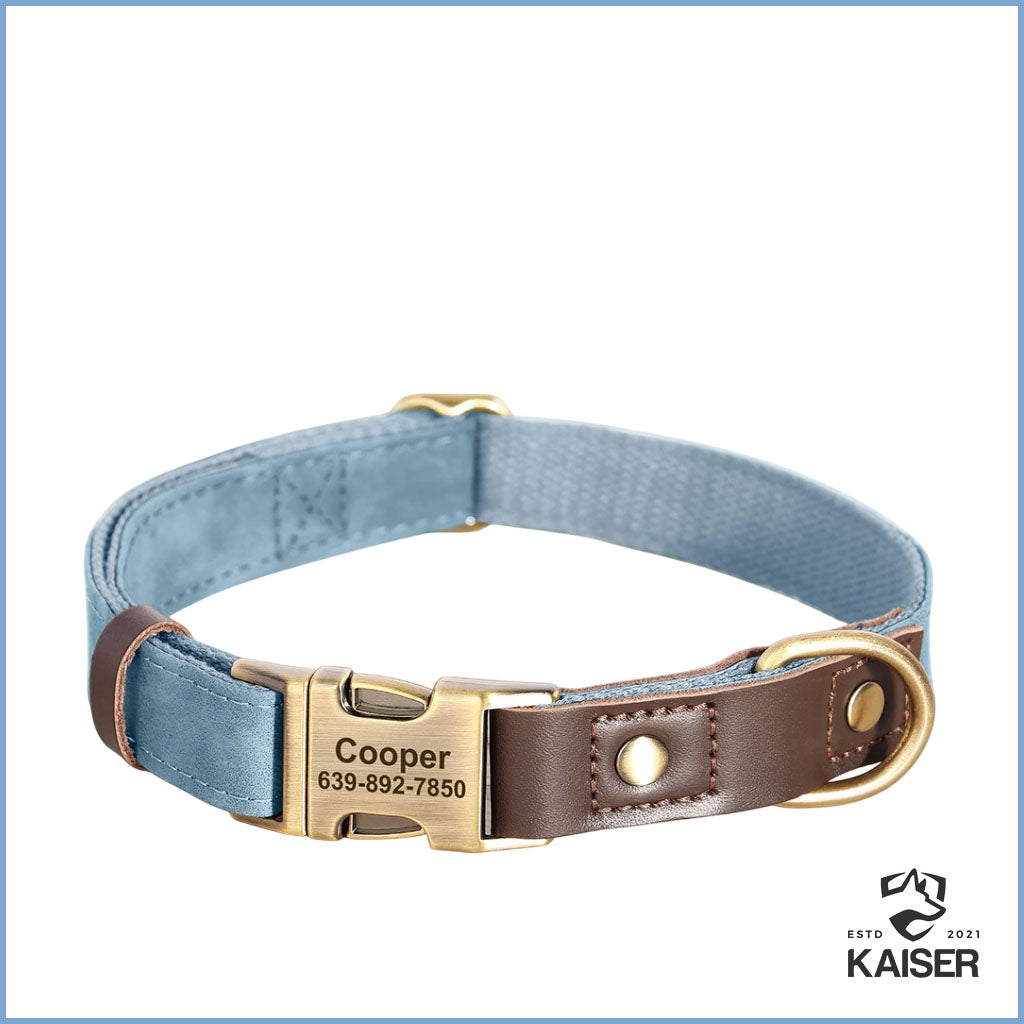 Personalisiertes Hundehalsband blau aus PU-Leder mit Gravur