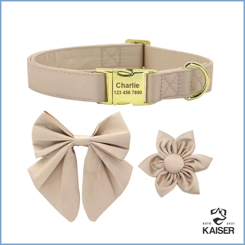 Personalisiertes Hundehalsband Beige mit abnehmbaren Fliege und Blume