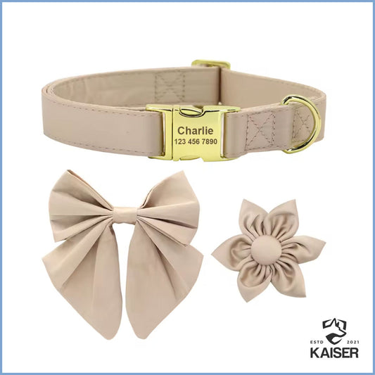 Personalisiertes Hundehalsband Beige mit abnehmbaren Fliege und Blume