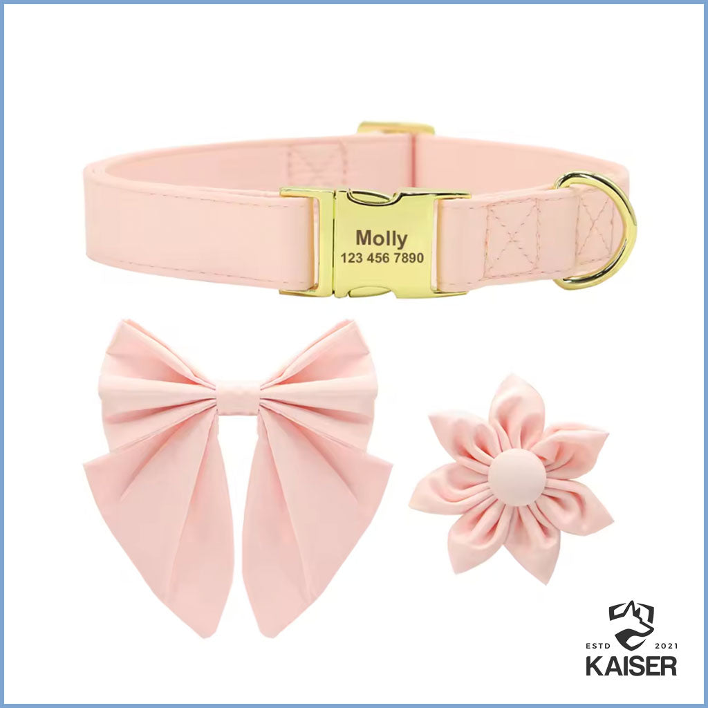 Personalisiertes Hundehalsband Rosa mit abnehmbaren Fliege und Blume