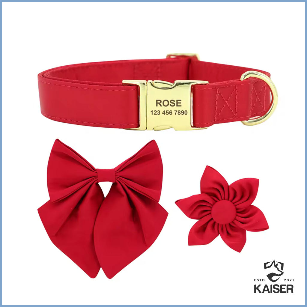 Personalisiertes Hundehalsband Rot mit abnehmbaren Fliege und Blume