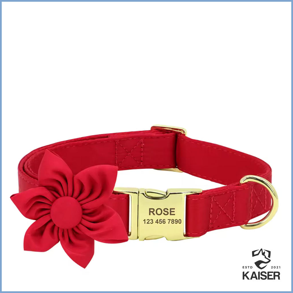 Personalisiertes Hundehalsband Rot mit abnehmbarer Blume
