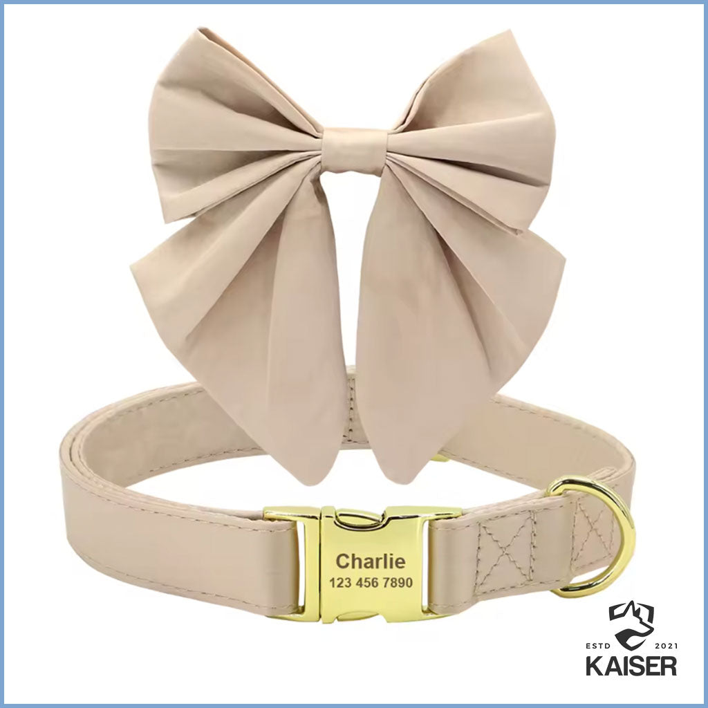 Personalisiertes Hundehalsband Beige mit abnehmbarer Fliege