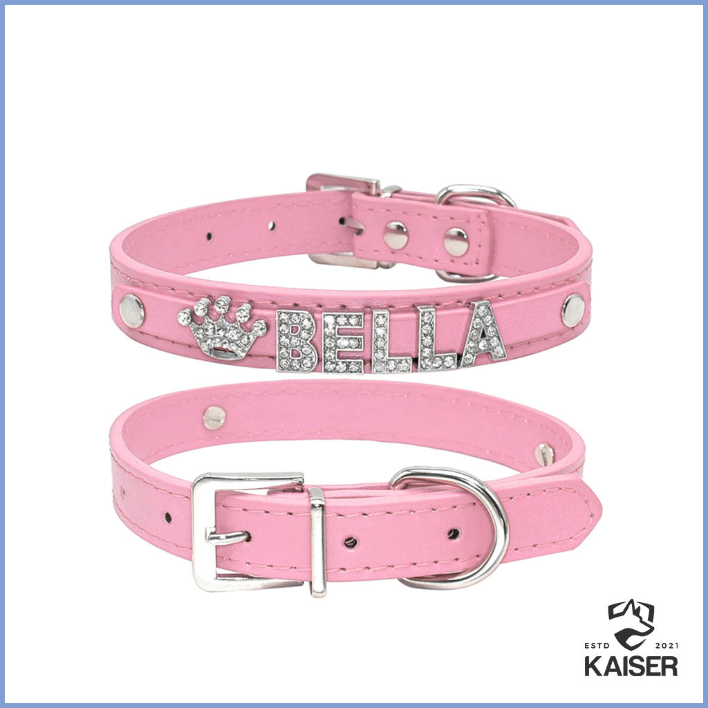 Luxus Hundehalsband Leder mit Namen rosa