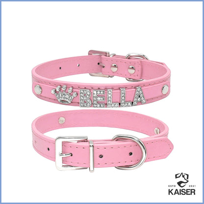 Luxus Hundehalsband Leder mit Namen rosa